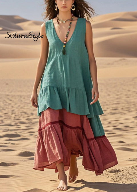 Women Green Oversized Patchwork Cotton Ankle Dress Summer 2025-Spring-Summer-Linen