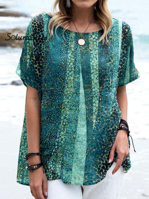 Women’ S Artistic Pattern Casual Cotton And Linen Top Green / S