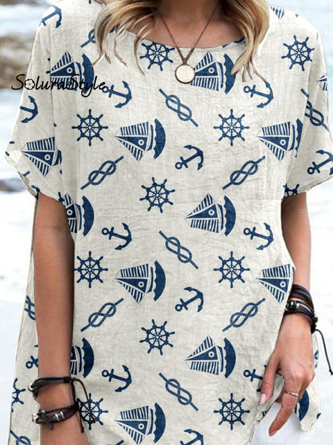 Women’ S Bboat Pattern Art Casual Cotton And Linen Top