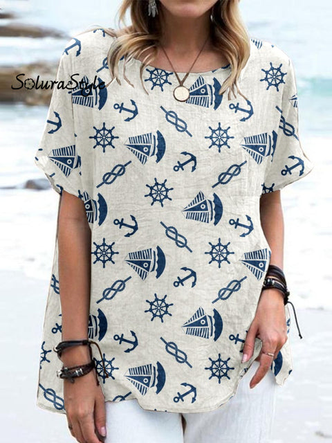 Women’ S Bboat Pattern Art Casual Cotton And Linen Top Grey / S