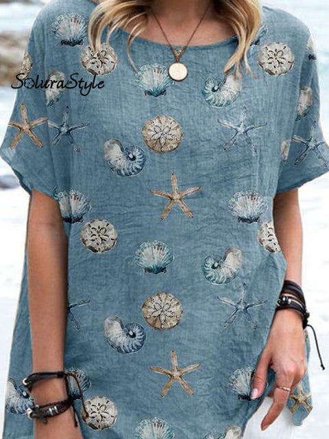 Women’ S Conch Pattern Art Casual Cotton And Linen Top