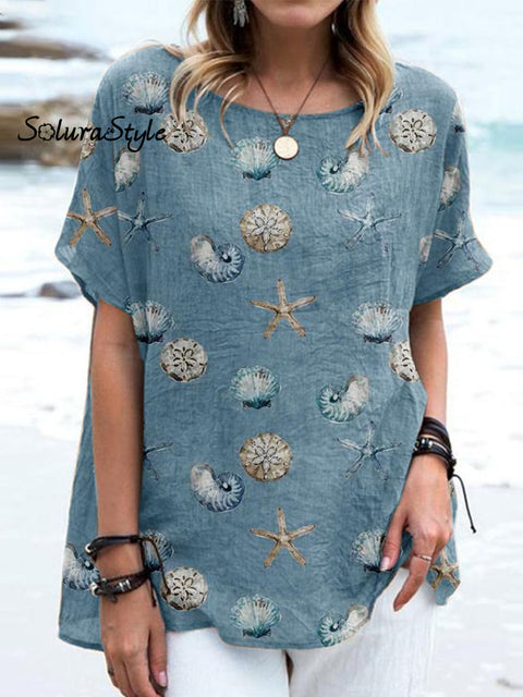 Women’ S Conch Pattern Art Casual Cotton And Linen Top Grey / S