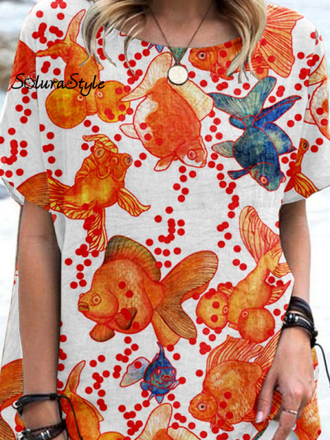Women’ S Goldfish Pattern Casual Cotton And Linen Top