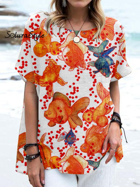 Women’ S Goldfish Pattern Casual Cotton And Linen Top White / S
