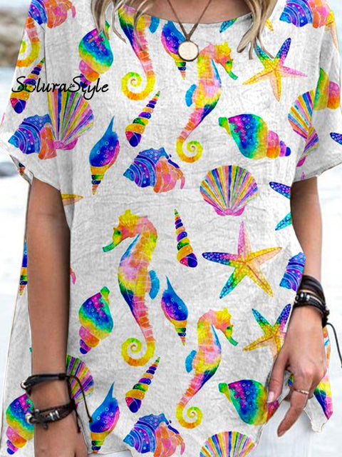 Women’ S Seahorse Art Pattern Casual Cotton And Linen Top