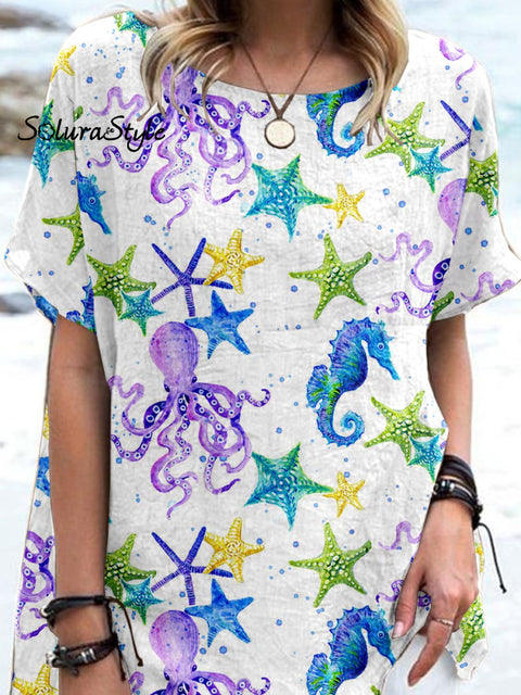 Women’ S Seahorse Art Pattern Casual Cotton And Linen Top