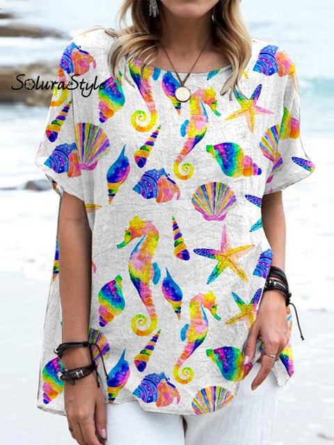 Women’ S Seahorse Art Pattern Casual Cotton And Linen Top White / S