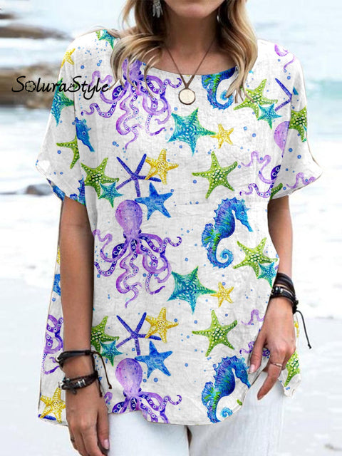 Women’ S Seahorse Art Pattern Casual Cotton And Linen Top White / S