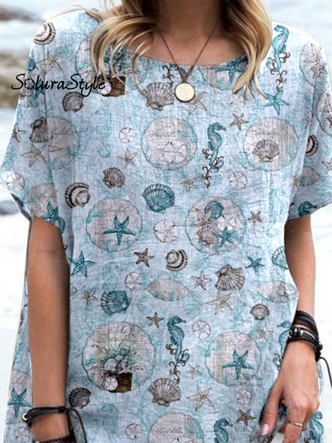 Women’ S Seahorse Pattern Casual Cotton And Linen Top