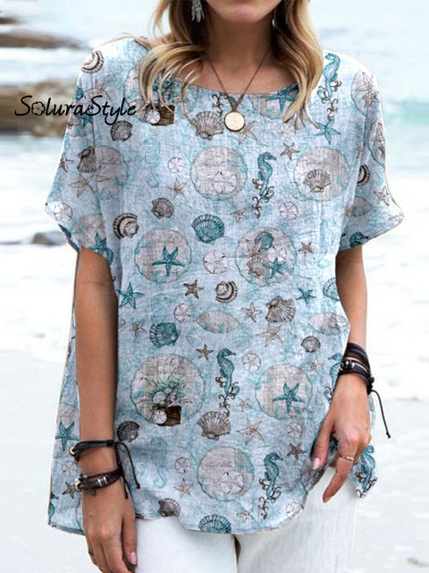 Women’ S Seahorse Pattern Casual Cotton And Linen Top Blue / S