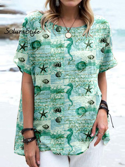 Women’ S Seahorse Pattern Casual Cotton And Linen Top Green / S