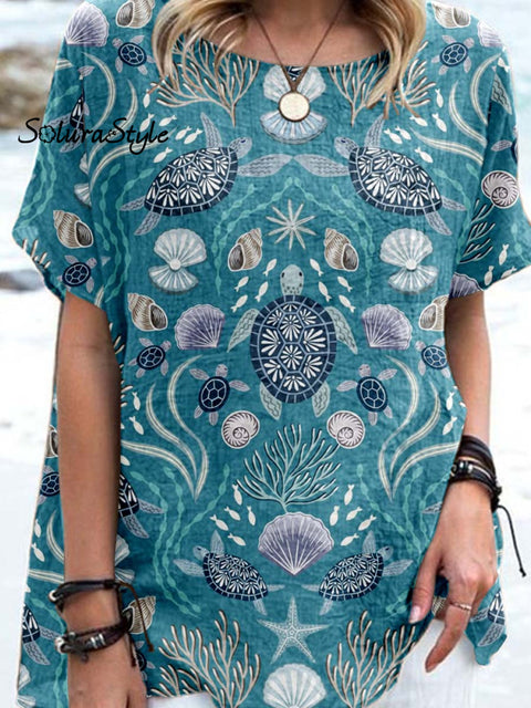 Women’ S Turtle Pattern Casual Cotton And Linen Top