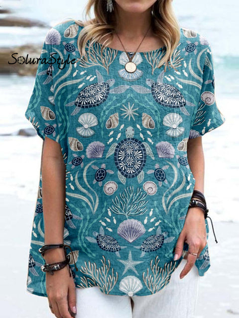 Women’ S Turtle Pattern Casual Cotton And Linen Top Blue / S