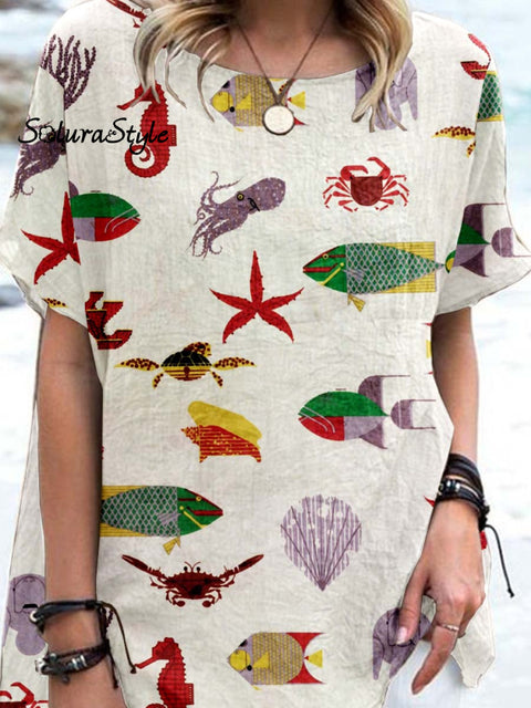 Women’ S Underwater World Casual Cotton And Linen Top