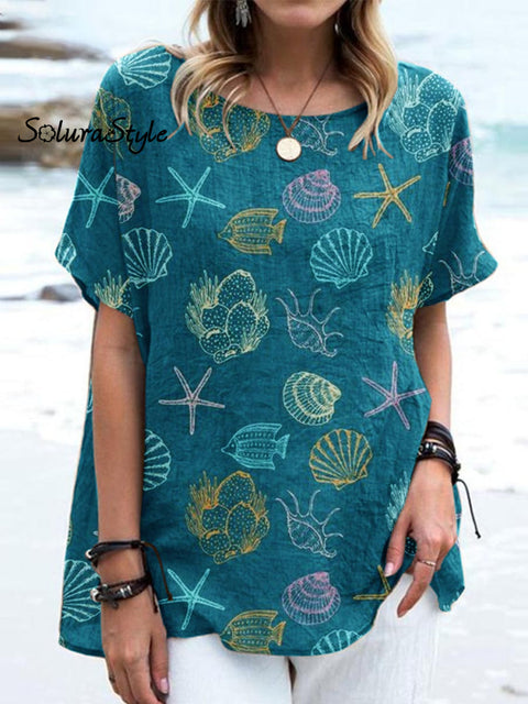 Women’ S Underwater World Casual Cotton And Linen Top Green / S