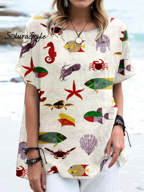 Women’ S Underwater World Casual Cotton And Linen Top Khaki / S