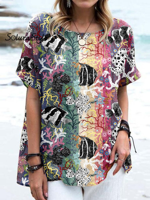 Women’ S Underwater World Casual Cotton And Linen Top Mulitcolor / S