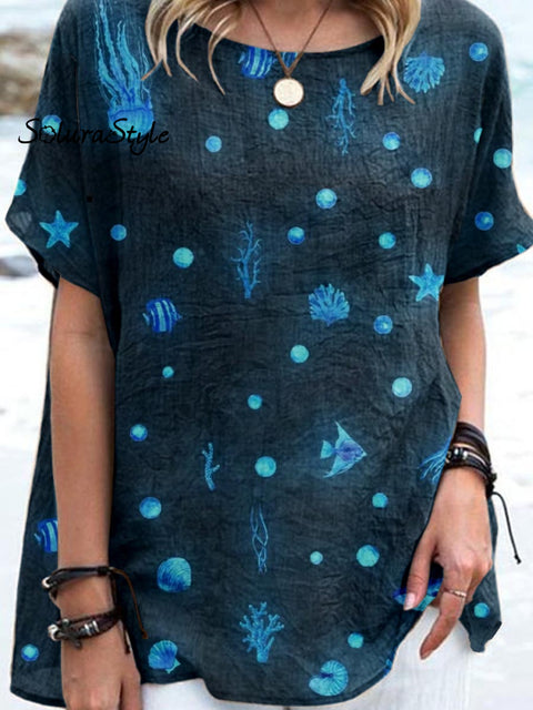 Women’ S Underwater World Pattern Casual Cotton And Linen Top