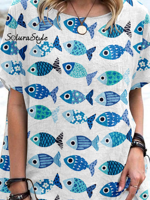 Women’ S Underwater World Pattern Casual Cotton And Linen Top