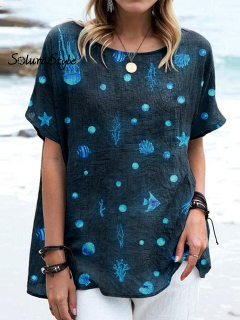 Women’ S Underwater World Pattern Casual Cotton And Linen Top Blue / S