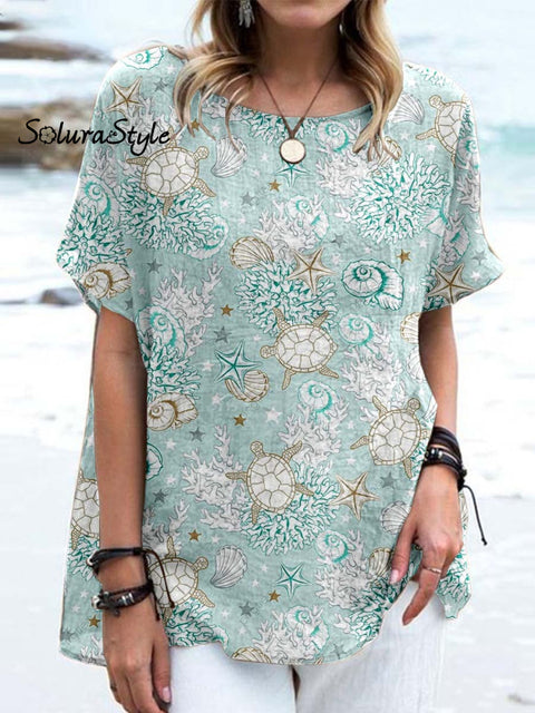 Women’ S Underwater World Pattern Casual Cotton And Linen Top Green / S