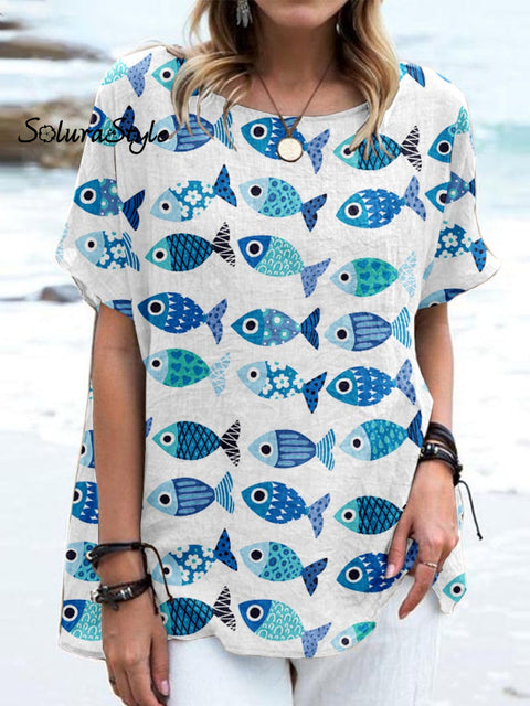 Women’ S Underwater World Pattern Casual Cotton And Linen Top White / S