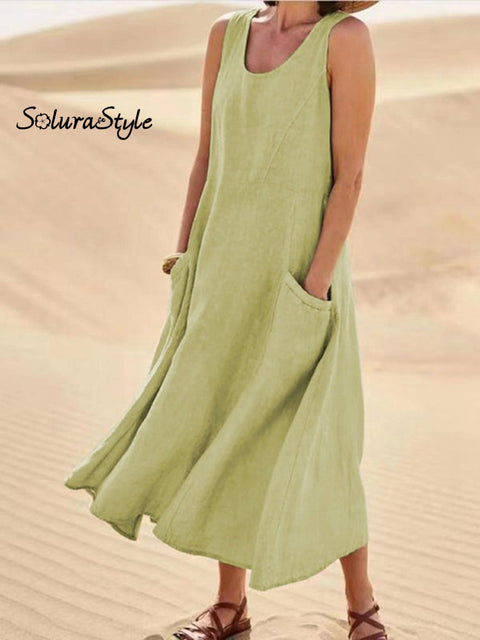 Women Sleeveless Sundress Elegant Round Neck Cotton Linen Solid Long Tank Casual Summer Dress Light