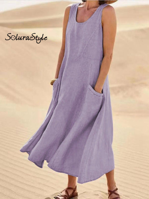 Women Sleeveless Sundress Elegant Round Neck Cotton Linen Solid Long Tank Casual Summer Dress