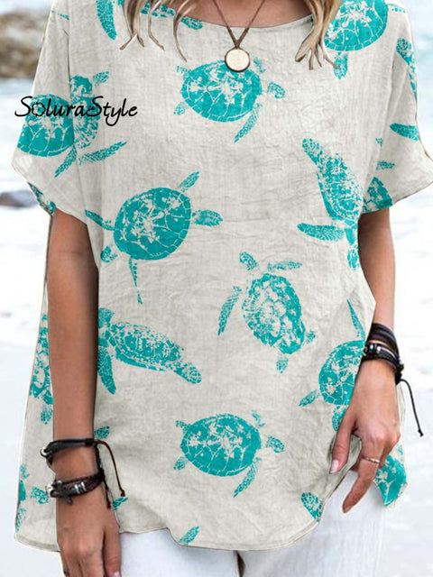 Women’ Sturtle Art Pattern Casual Cotton And Linen Top