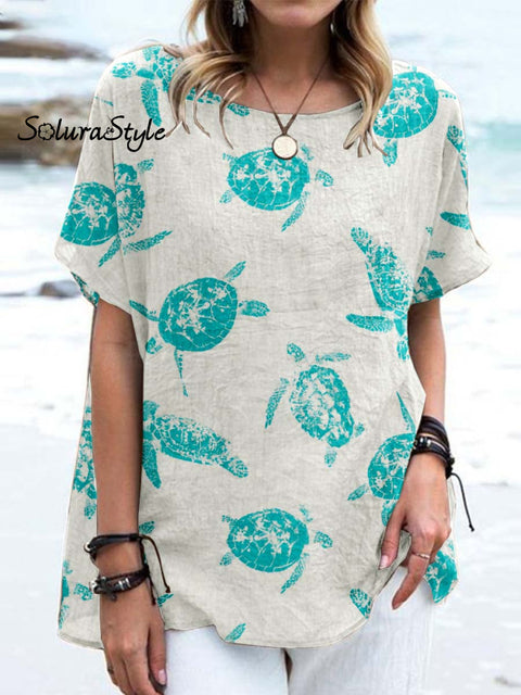 Women’ Sturtle Art Pattern Casual Cotton And Linen Top Khaki / S