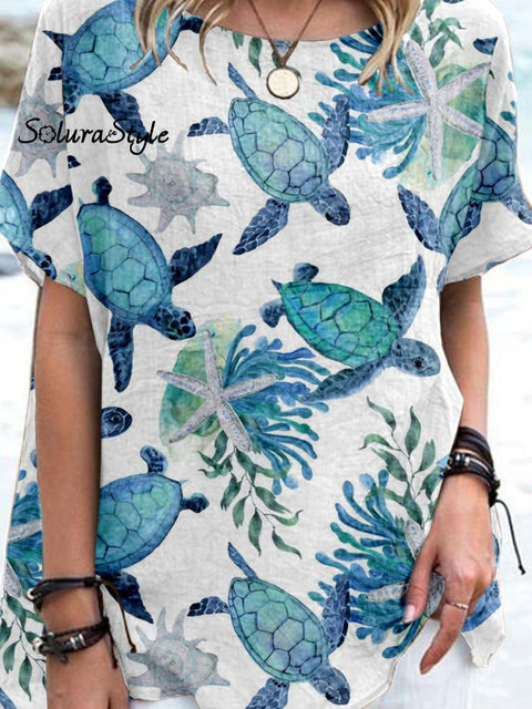 Women’ Turtle Art Pattern Casual Cotton And Linen Top