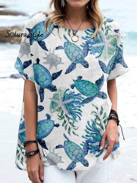 Women’ Turtle Art Pattern Casual Cotton And Linen Top White / S