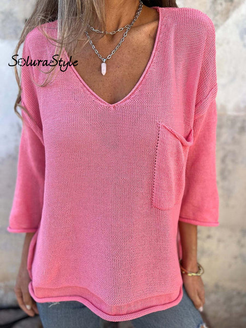 Women V-Neck Pullover Knit Top