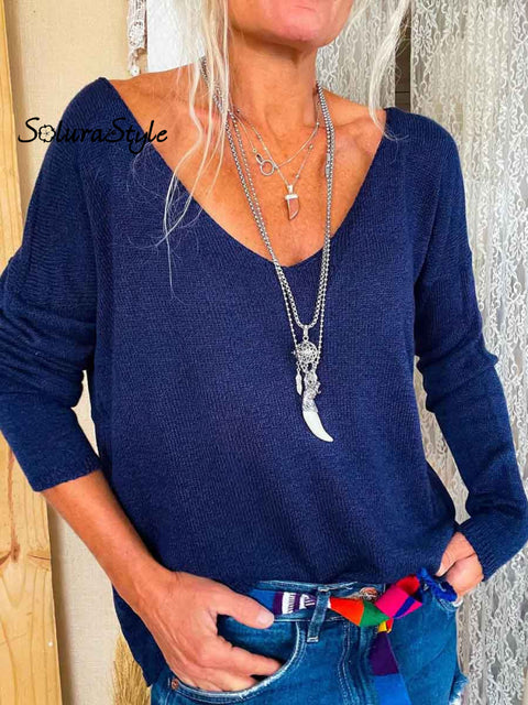 Women V-Neck Pullover Knit Top Navy / S