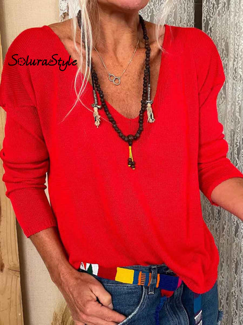 Women V-Neck Pullover Knit Top Red / S