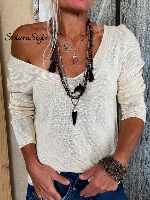 Women V-Neck Pullover Knit Top White / S