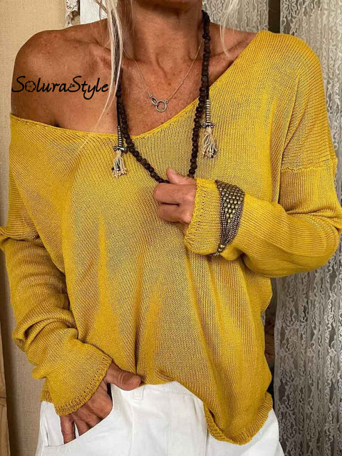 Women V-Neck Pullover Knit Top Yellow / S