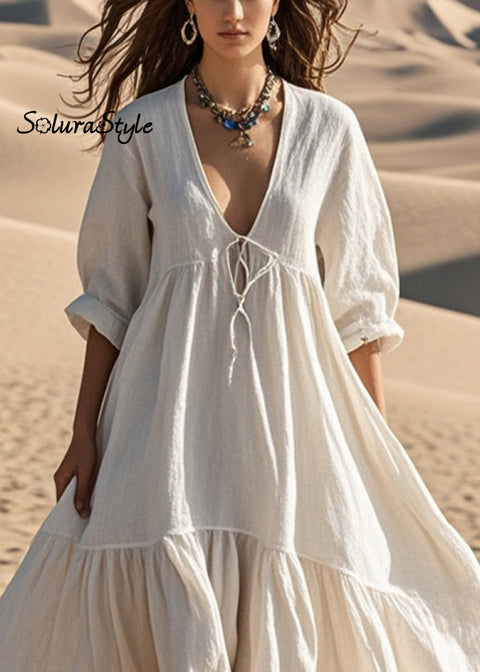 Women White Oversized Lace Up Cotton Robe Dresses Spring 2025-Spring-Summer-Linen