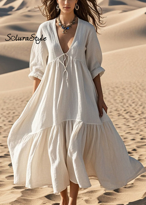 Women White Oversized Lace Up Cotton Robe Dresses Spring 2025-Spring-Summer-Linen