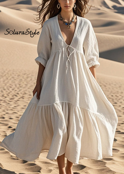 Women White Oversized Lace Up Cotton Robe Dresses Spring 2025-Spring-Summer-Linen