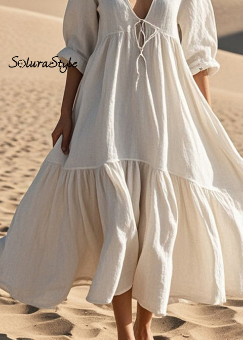 Women White Oversized Lace Up Cotton Robe Dresses Spring 2025-Spring-Summer-Linen