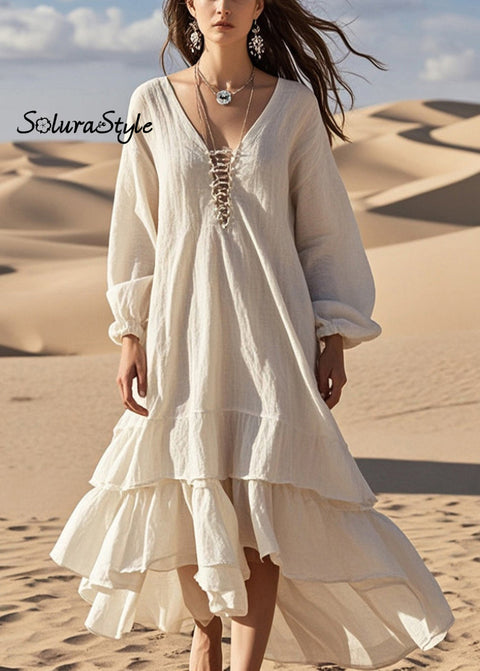 Women White Oversized Ruffles Cotton Long Dress Spring 2025-Spring-Summer-Linen