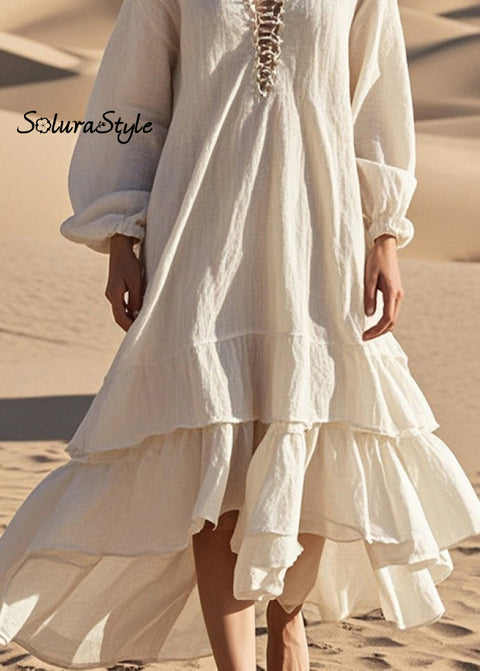 Women White Oversized Ruffles Cotton Long Dress Spring 2025-Spring-Summer-Linen
