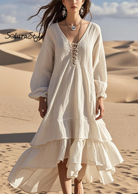 Women White Oversized Ruffles Cotton Long Dress Spring 2025-Spring-Summer-Linen