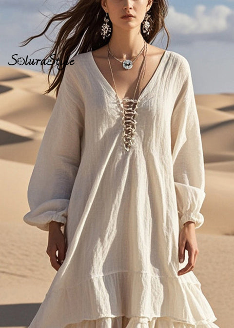 Women White Oversized Ruffles Cotton Long Dress Spring 2025-Spring-Summer-Linen