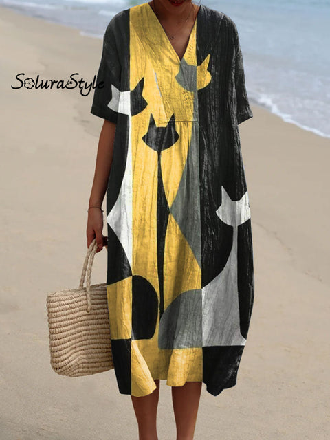 Women’s Abstract Cat Art Print Flowy Dress Multicolor / S