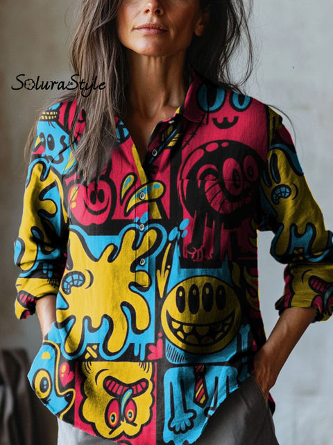 Women’s Abstract Childlike Art Print Casual Cotton And Linen Shirt Multicolor / S
