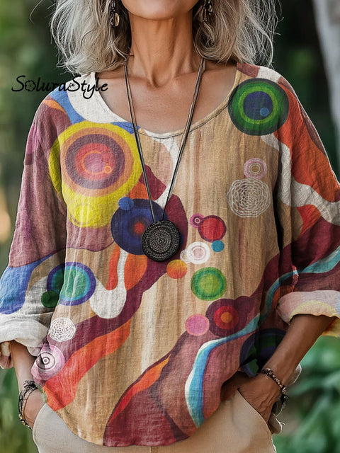 Women’s Abstract Color Art Print Casual Cotton And Linen Shirt Multicolor / S
