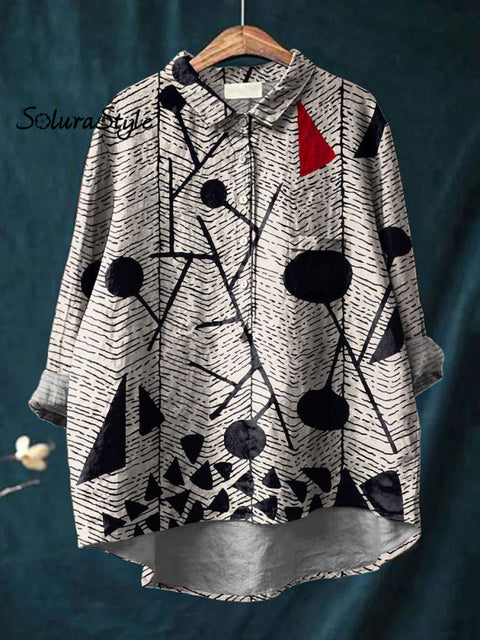 Women’s Abstract Color Block Art Print Casual Cotton And Linen Shirt Multicolor / S