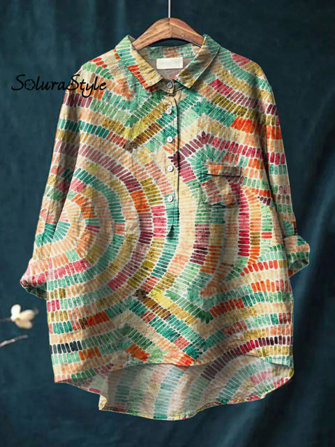 Women’s Abstract Colorful Art Print Casual Cotton And Linen Shirt Multicolor / S